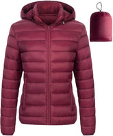 Chrisuno women's burgundy puffer with detachable hood for versatile styling in cold weather.