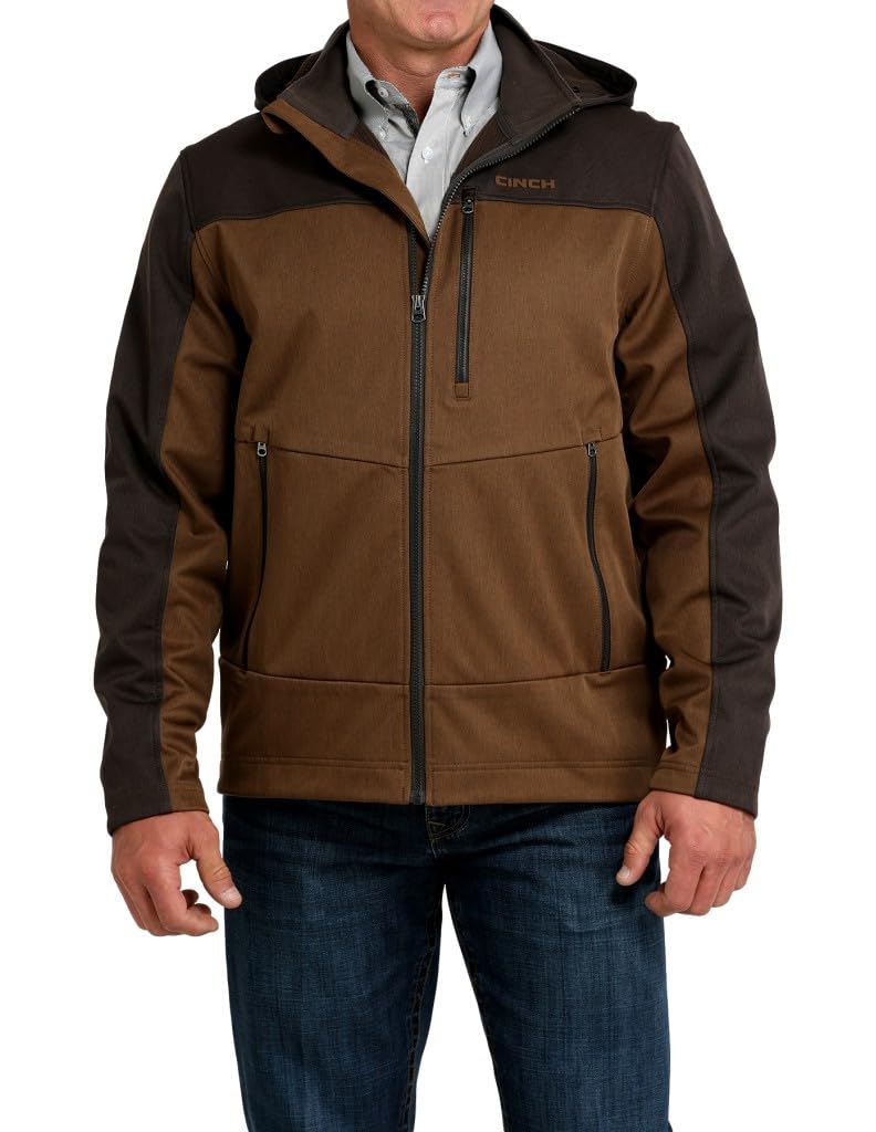 Cinch men's brown hooded softshell jacket, front view, ideal for wind protection on outdoor days.