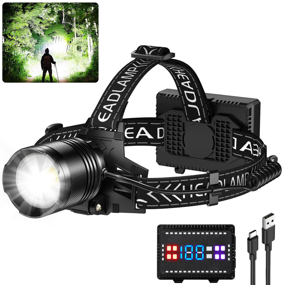 Cinlinso headlamp front view showing 99000 lumens for night adventures.
