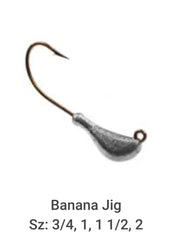 Circle B Tackle Do It Banana Jig 2 oz display emphasizing nose-diving action and snag resistance.