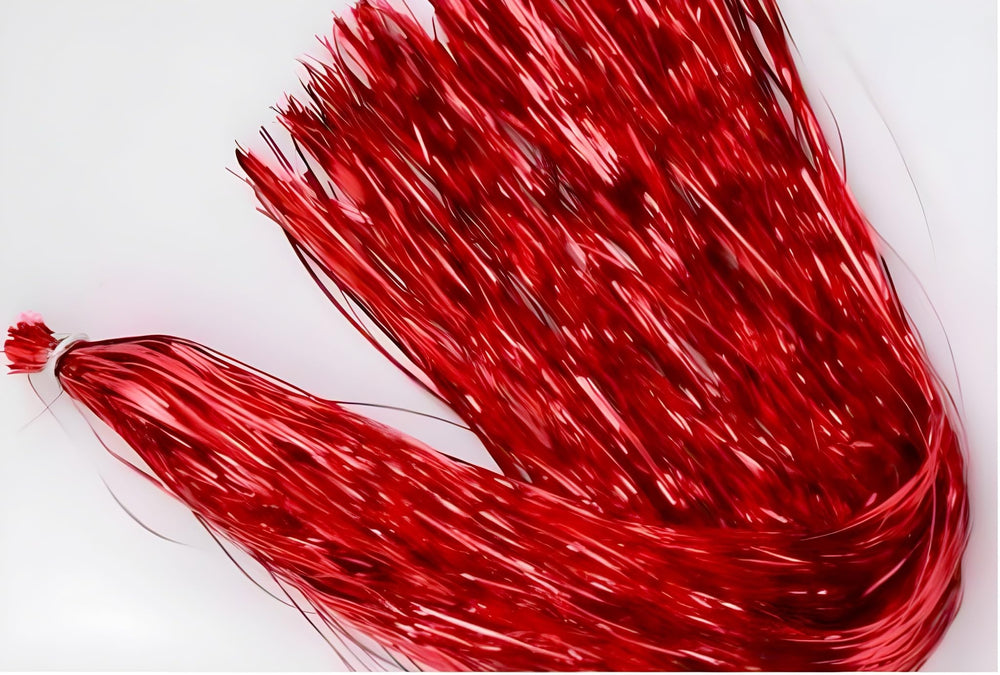 Circle B Tackle Hedron Flashabou Original Red closeup showing shimmering strands for lifelike water movement