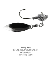 Circle B Tackle Herring Head Jig with underspin wire form enhances blade spin.