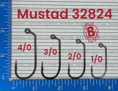 Circle B Tackle Mustad 32824 size range 1/0 to 4/0 for jig customization.