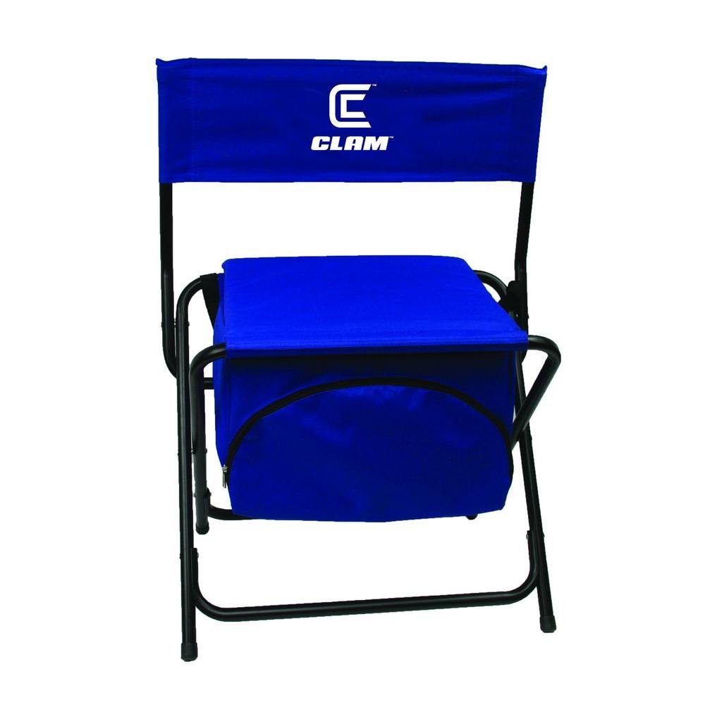 CLAM 8823 ice fishing chair with built-in cooler keeps beverages cold and close at hand on the ice.