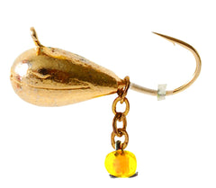 CLAM 9325 Dingle Drop gold ice lure boosts visibility for ice fishing.