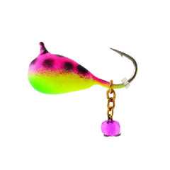 CLAM 9718 Dingle Drop XL chartreuse pink glow jig for ice fishing visibility in low light.