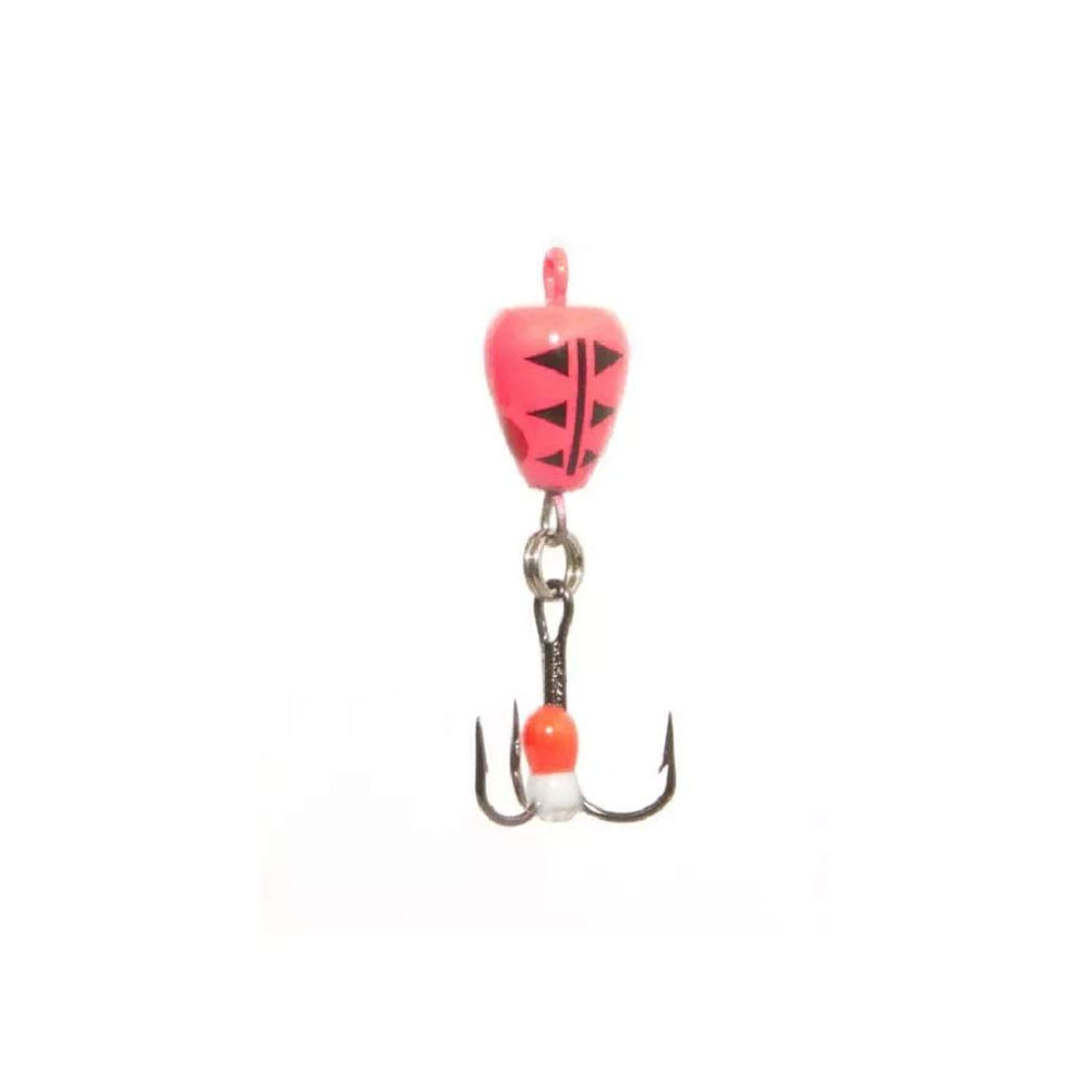 CLAM Bomb Spoon Glow Red Tiger for ice fishing, enhances visibility and lure attraction