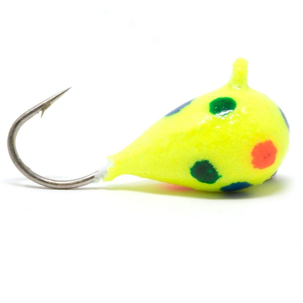 Clam Drop Jig with tungsten and vertical presentation, ideal for ice fishing crappie, perch, and bluegill.