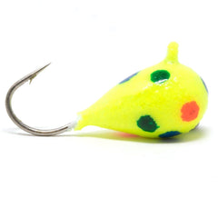 Clam Drop Jig with tungsten and vertical presentation, ideal for ice fishing crappie, perch, and bluegill.