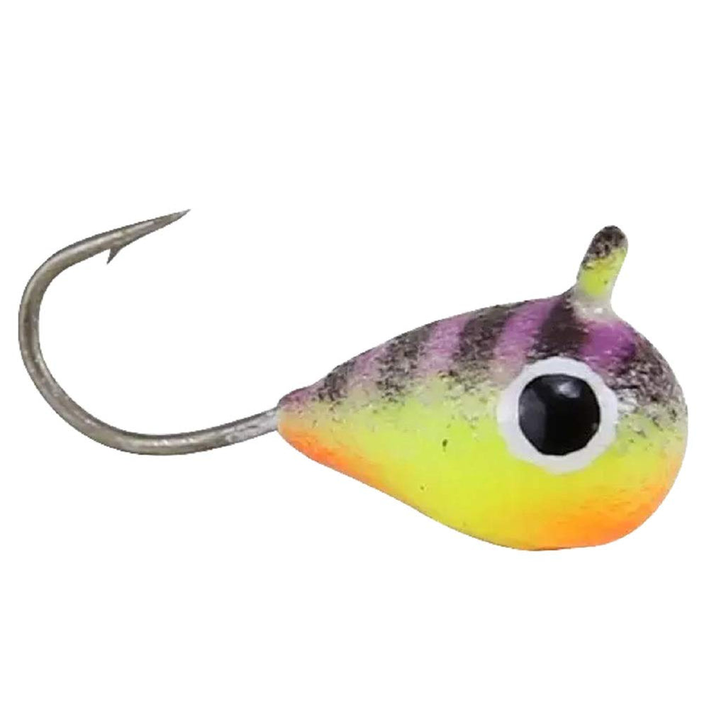 CLAM Drop Jig XL Glow Firetiger glows underwater to aid targeting in low light