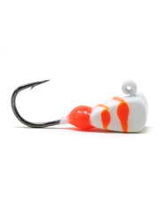 CLAM Genz Drop-Kick jig in white orange swirl with sonar-visible top surface