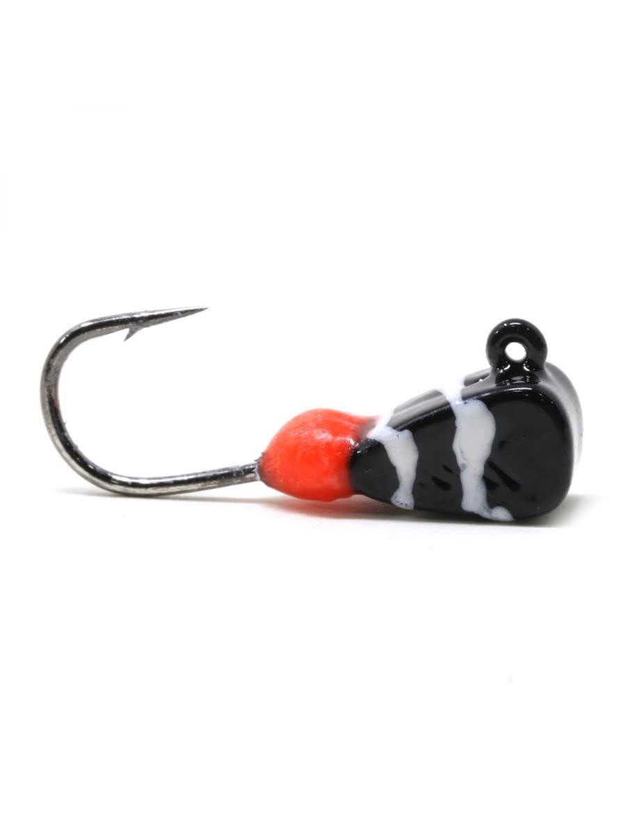 CLAM Genz Drop-Kick ice jig in black/white swirl offers precise cadence for better hook-ups.