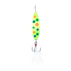 CLAM Panfish Leech Flutter Spoon in Glow Chart Wonderbread enhances visibility for ice fishing.
