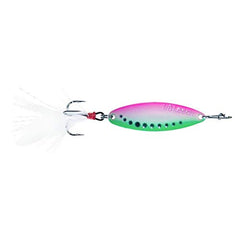 CLAM Leech Flutter Spoon on ice enhances bite visibility and jig action.