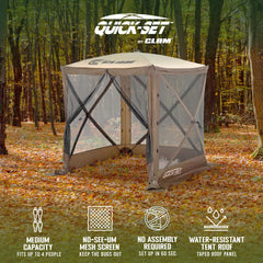 CLAM Pop Up Screen Tent open top illustrating sun shelter and rain-ready versatility