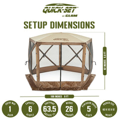 CLAM Pop Up Screen Tent 9x9 side view shows a sturdy fiberglass frame.