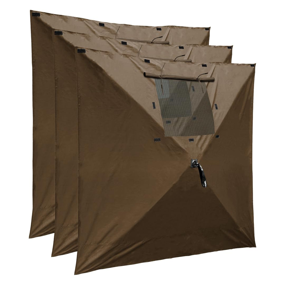 CLAM Quick-Set wind panel attached to Escape Sport tent for wind protection.