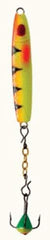 CLAM Speed Spoon 1/8 oz Glow Firetiger lure attracts panfish on ice.