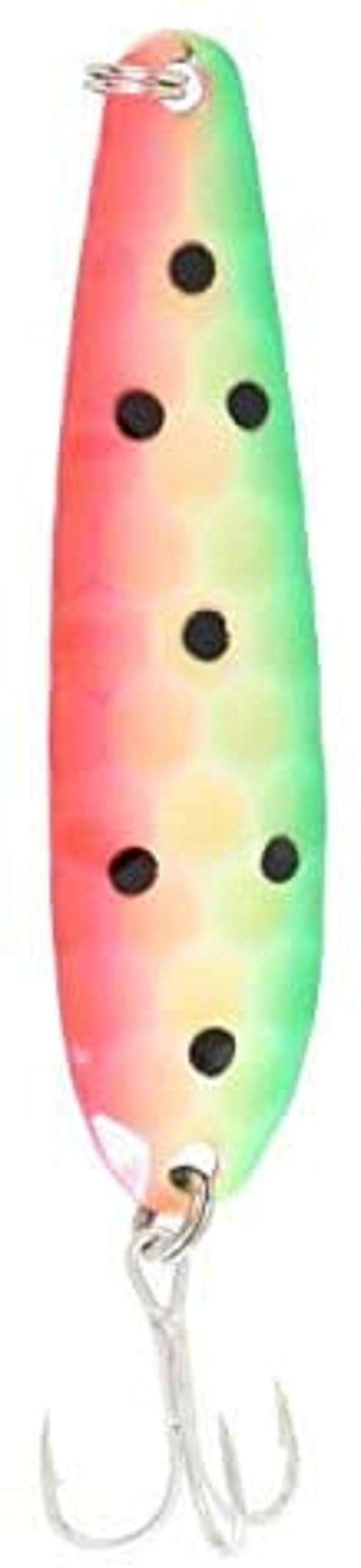 Clam The Peg Flutter Spoon Watermelon front view highlights bright color and flash for attracting large walleye.