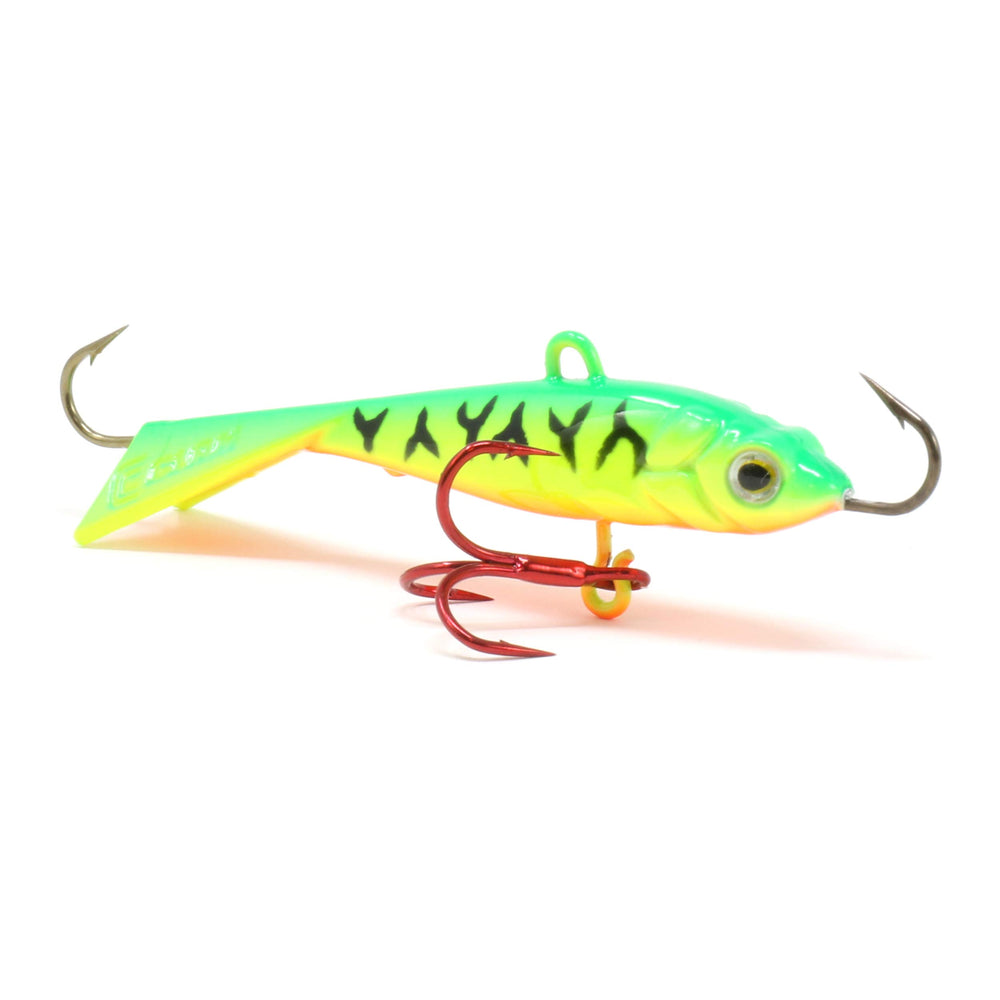 CLAM Tikka Mino Glow Firetiger bait with UV glow to attract predators in dim water.