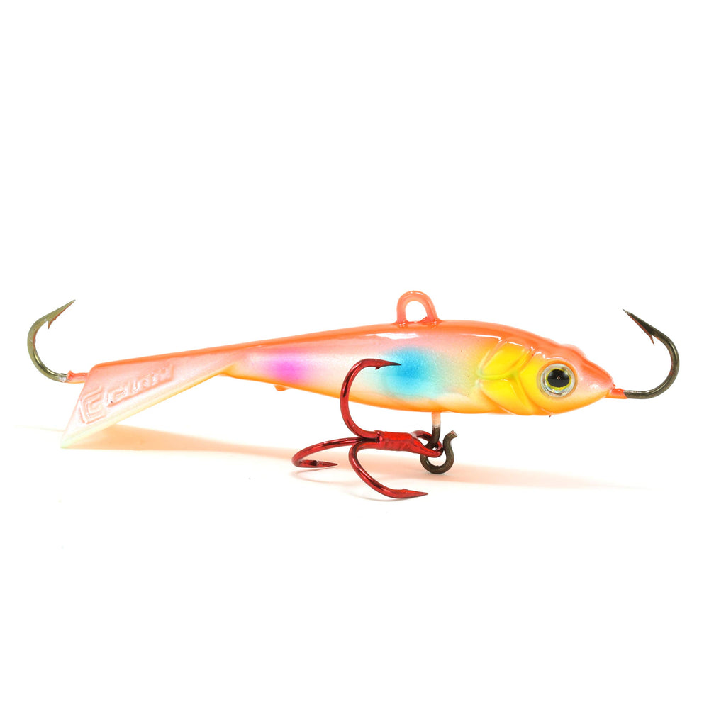 CLAM Tikka Mino glow orange bread lure, top view, designed to attract predator fish.