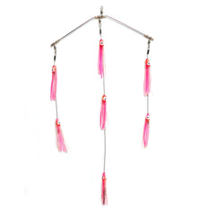 Clarkspoon Mini Bar pink 8-inch spreader with 60lb leader wire for surface trolling.