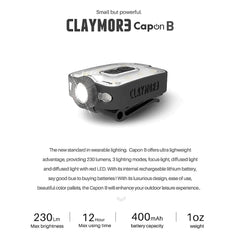 Claymore Capon 40B helmet-mount clip provides secure overhead lighting.