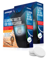 CleanHike hydration tablet dissolving in water to clean reservoirs quickly.