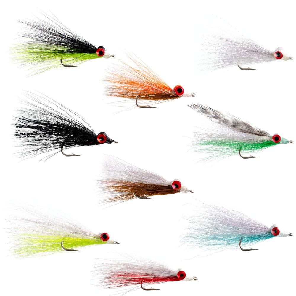 Nine Clouser Minnow flies in varying colors forming a saltwater and freshwater collection