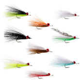 Nine Clouser Minnow flies in varying colors forming a saltwater and freshwater collection