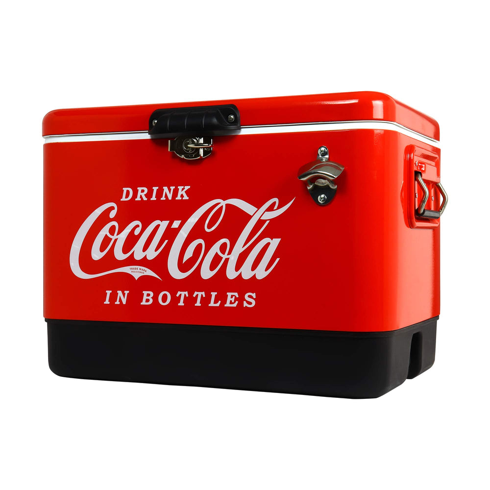 Coca-Cola Ice Chest Cooler with lid open, spacious interior for beverages during outdoor trips.