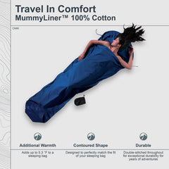 COCOON Premium Cotton MummyLiner ultramarine blue contoured foot end for improved warmth and fit.