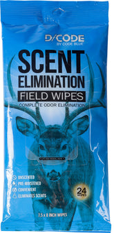 Code Blue Scent Elimination Field Wipes unscented 24-count pack in resealable pouch ready for field use.