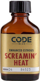 Amber glass bottle of Code Blue Screamin Heat Enhanced Estrous Deer Attractant