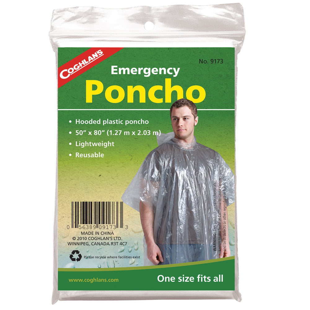 Coghlan's 9173 emergency poncho folded compactly for quick rain protection.