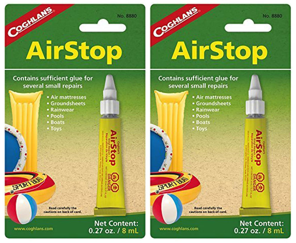 Coghlan's Airstop Sealant 2-pack, compact tubes for quick inflatable repairs on camping gear.
