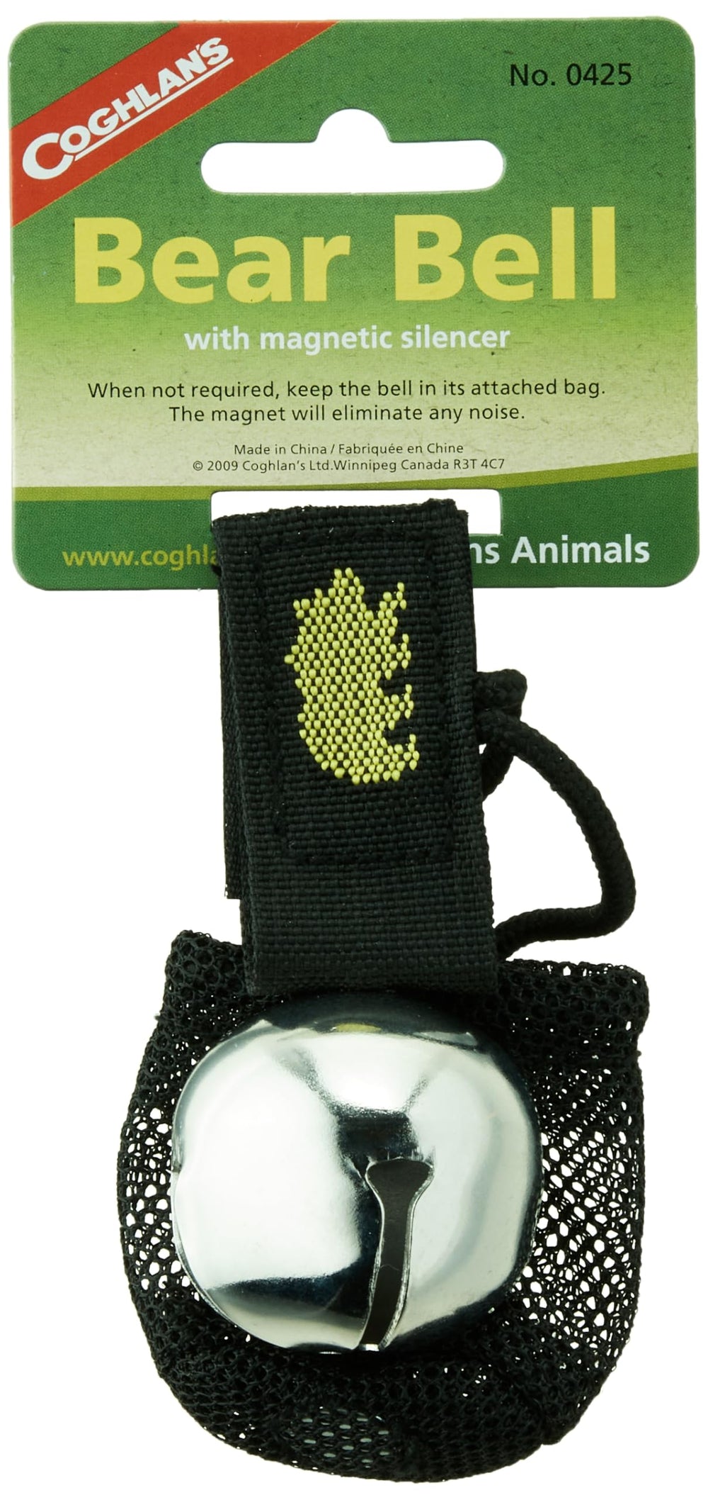 Coghlan's magnetic bear bell silencer attached to backpack for wildlife awareness during hikes