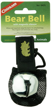 Coghlan's magnetic bear bell silencer attached to backpack for wildlife awareness during hikes