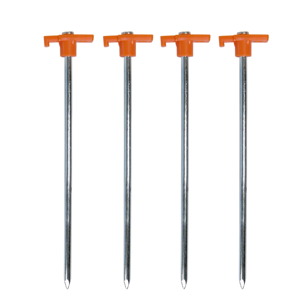 Coghlan's steel nail pegs 10-inch in use stabilizing a tent on rocky ground.