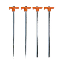 Coghlan's steel nail pegs 10-inch in use stabilizing a tent on rocky ground.