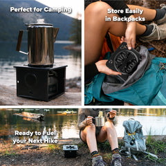 Coghlan's stove with coated steel construction provides stable cooking on rugged terrain.