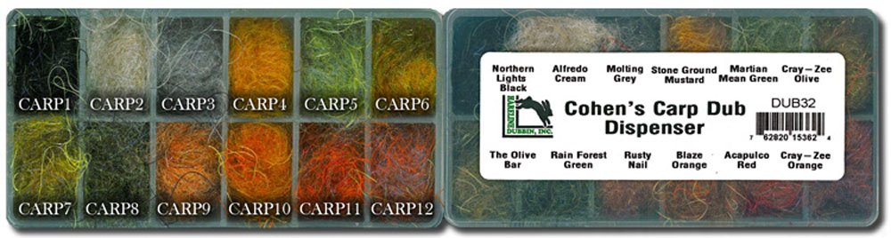 Cohen's Carp Dub bottle close-up, synthetic blend ideal for carp and saltwater flies