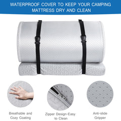 Coldwind memory-foam camping mattress pad opened, showcasing 72x24 size and 3-inch thickness.