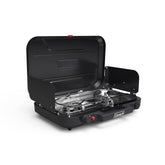 Coleman Classic 3-Burner stove with carry handle for easy campsite transport.