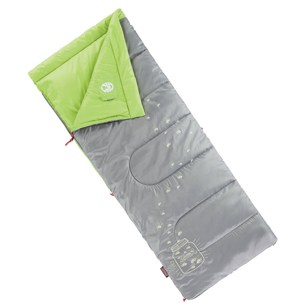 Coleman Kids 45°F sleeping bag front view with glow design for outdoor sleepovers