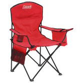 Coleman portable camping chair with 4-can cooler keeps drinks accessible at the campsite.