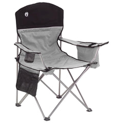 Coleman portable chair with 4-can cooler arm, ideal for quick drinks at campsites.