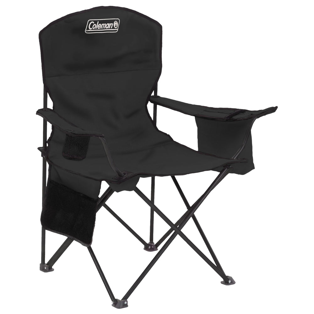 Coleman portable chair with 4-can cooler keeps drinks handy at the campsite.