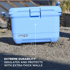Coleman Pro 45QT with lid open and stainless latch for easy one-handed access.
