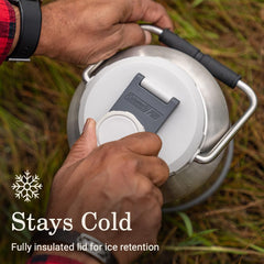 Coleman Pro insulated lid demonstrating ice retention in sun.